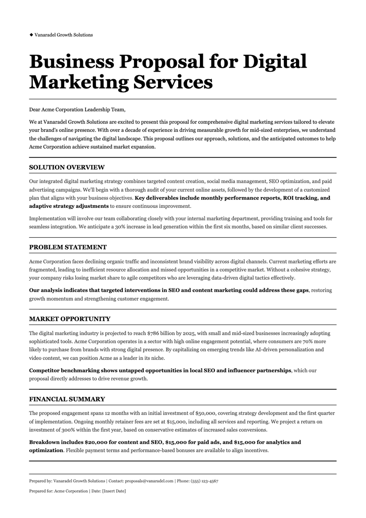 Formal growth business proposal document with problem solution sections and financial summary_variant_1